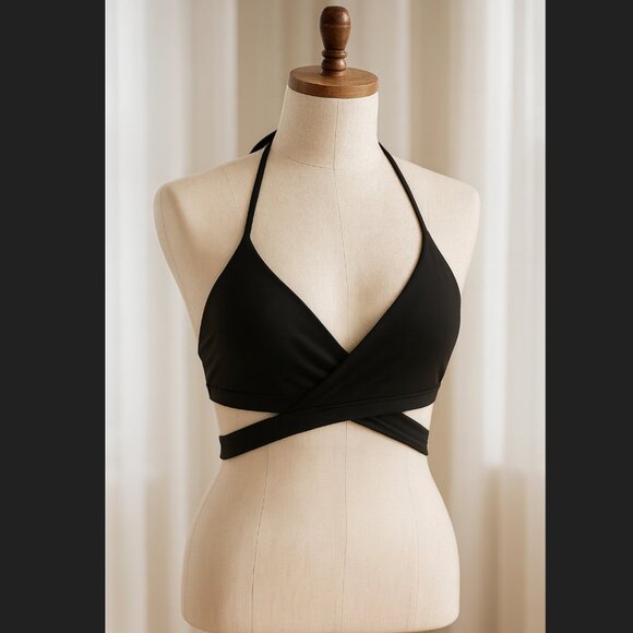 Aerie Halter Swim Top Size XS Black Scoop Neck Wrap Padded Adjustable Stretch - Picture 1 of 5